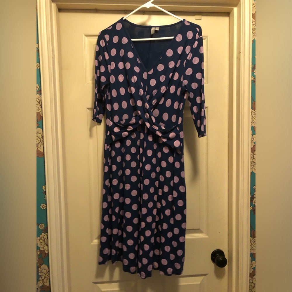 ASOS Navy Wrap-Front Midi Dress with Pink Polka Dots